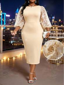 SHEIN Lady CURVE 大尺碼優雅派對亮片刺繡網紗拼接洋裝 - 彩色 - 查看 1