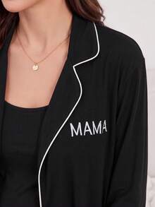 Moonlight&Mama 女款休閒字母刺繡翻領長款睡袍 + 吊帶洋裝 孕婦居家服 2件組 - 黑色 - 查看 4