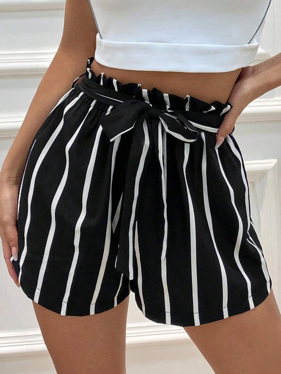 Breezaya Plus Size Black White Vertical Stripe Paperbag Waist Self Tie Bow Loose Casual Lounge Shorts Women Summer - Multicolor - View 1