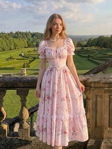 SHEIN MOD 粉色印花维多利亚风格蕾丝荷叶边长裙——复古礼服、派对礼服、舞会礼服；做工精致，完美适用于度假、约会、野餐、派对、舞会、节日和生日等场合；浪漫可爱 - 粉色 - 查看 10