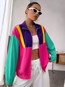 SHEIN EZwear 春季配色拼接落肩拉鍊夾克 秋冬多色女款輕便外套 - 彩色 - 查看 6