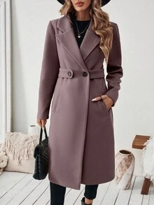 SHEIN 女款純色缺口領時尚百搭日常穿著羊毛大衣 - 紫色 - 查看 3
