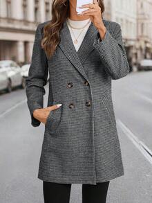 SHEIN Clasi 女款秋冬卡其色格紋大衣，經典百搭，老錢風，適合通勤、外出與聚會 - 黑與白 - 查看 7
