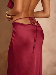 Hauture Women's Summer Sexy Night Out Ibiza Party Wedding Burgundy Satin Low Drape Back Detail Maxi Skirt - Burgundy - View 3