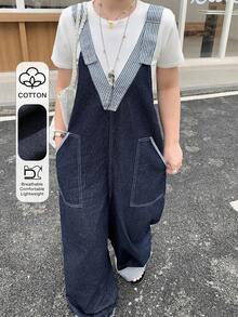 Dazy Plus Overall Denim Kasual Longgar Panjang Tanpa Lengan dengan Potongan Garis-garis dan Leher V Dalam untuk Wanita Ukuran Plus, Cocok untuk Musim Semi, Musim Panas, dan Musim Gugur. - Dark Wash - View 1