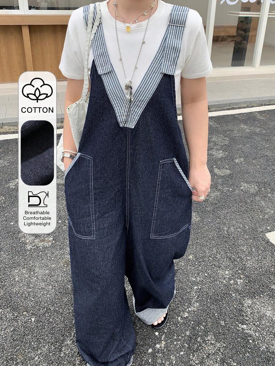 Dazy Plus Overall Denim Kasual Longgar Panjang Tanpa Lengan dengan Potongan Garis-garis dan Leher V Dalam untuk Wanita Ukuran Plus, Cocok untuk Musim Semi, Musim Panas, dan Musim Gugur. - Dark Wash - View 1