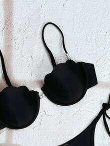 Bonvoyette Black Summer Elegant Beach Holiday Women Pearl Shell Spaghetti Strap Bikini Set,Side Tie Padded Push Up Underwire Swimwear,Boat Party Outfits - Black - View 4