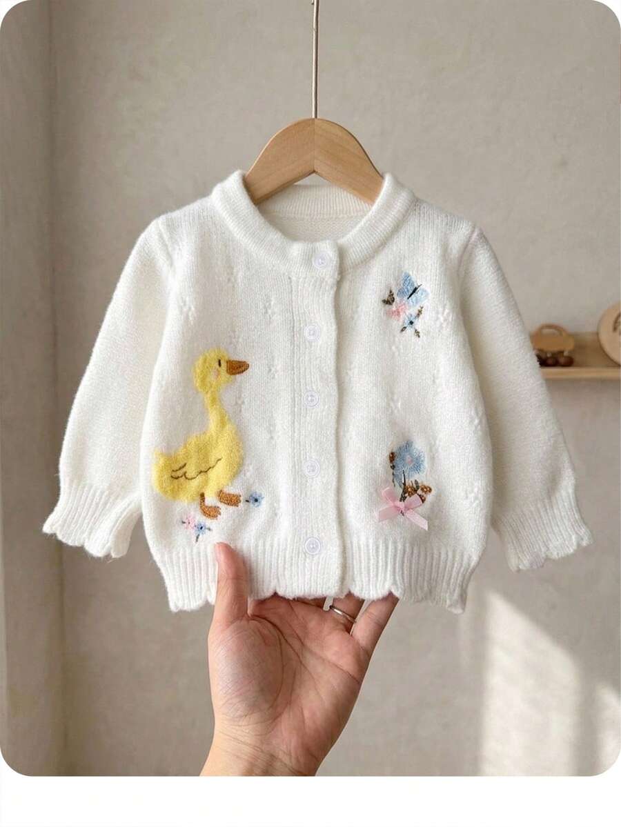 兒童新生兒小鴨花朵刺繡秋冬開襟衫 - 米色 - 查看 1