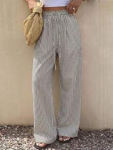 Sandy Gomes Women's Striped Wide Leg Pants With Drawstring Waist For Casual Wear Summer - Black and White - View 12