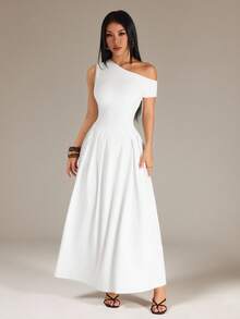 SHEIN PETITE Women's Summer Elegant Solid Color Asymmetric Collar Long Dress Party Vacation Holiday White Wedding - White - View 4