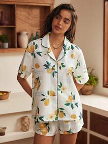 Lullawish Bohemian Fruit Plaid Print Short Sleeve Shorts Pajama Set For Women, Wearable Out - Multicolor - View 5