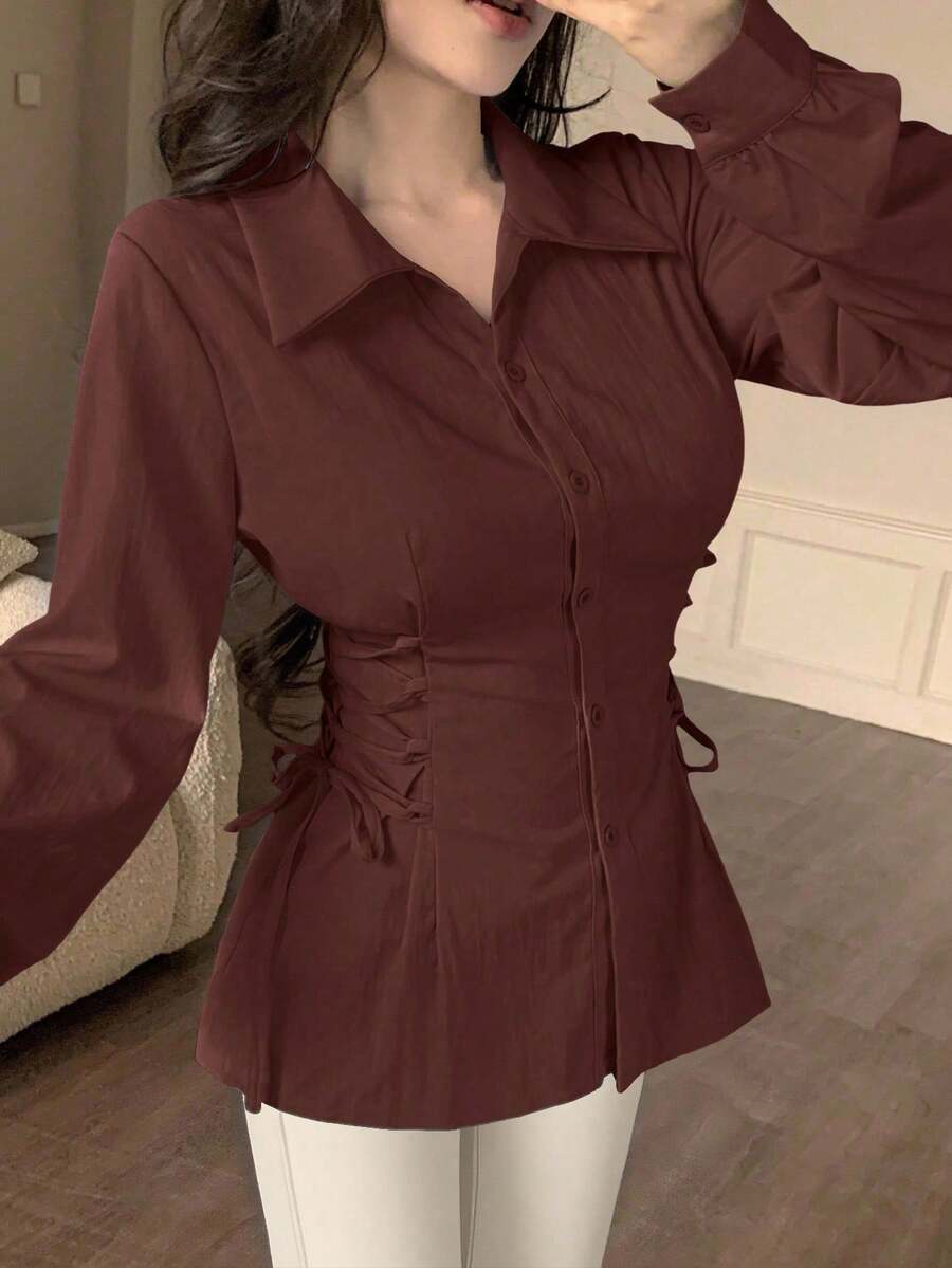 Modelyn 純色單排扣抽繩領時尚襯衫 - 紅色 - 查看 1