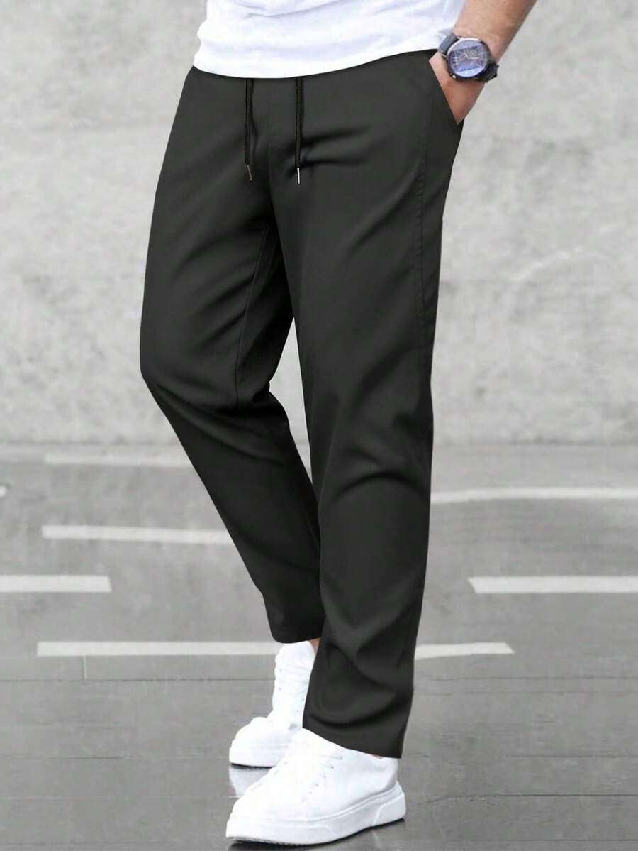 Manfinity Homme Men Solid Drawstring Waist Pants, For Fall - Black - View 1