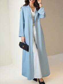 Yasmyna Solid Color Faux Pearl Decorated Cuffs Elegant Arabic Abaya - Blue - View 3