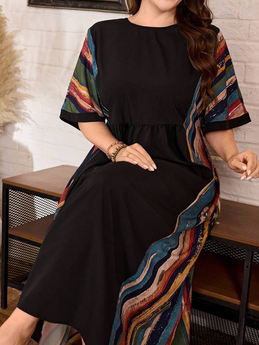 Lacomfia Vestido casual de mujer para primavera/verano con rayas de colores contrastantes, manga corta, talla grande - Negro - Ver 1
