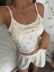 CottageSlumber 2pcs Ditsy Floral Camisole And Shorts Pajama Set, Sweet And Comfortable For Summer - Apricot - View 4