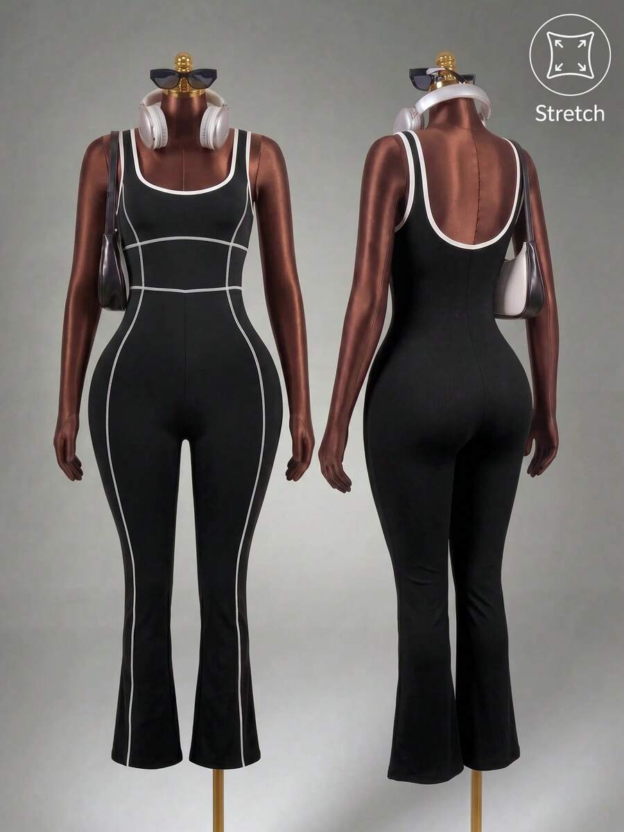Mistrie Damen Yoga Outdoor Fitness Jumpsuit mit breiten Trägern, eng anliegende ausgestellte Hose mit kontrastfarbigen Streifen, Yoga Jumpsuit Activewear Jumpsuit Sport - Schwarz - Übersicht 1