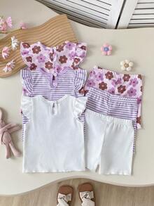 SHEIN Playful Pals 女嬰圓領短袖上衣與短褲休閒日常6件套，適合夏季、日常穿著、旅行、度假 - 紫色 - 查看 1