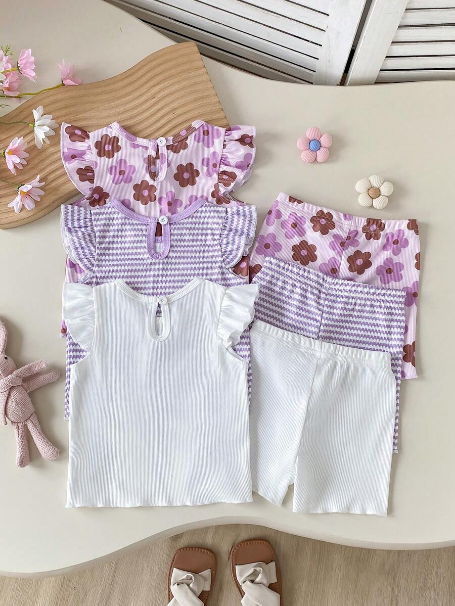 SHEIN Playful Pals 女嬰圓領短袖上衣與短褲休閒日常6件套,適合夏季、日常穿著、旅行、度假 - 紫色 - 查看 1