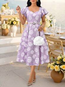 SHEIN Lady Women's Purple Jacquard Short Sleeve V Neck A-Line Swing Fit Flare Elegant Midi Dress Belted Party Cocktail Formal Wedding Guest Church Going Out Fall - Purple - View 4