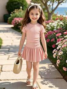 Elladie kids 2件組少女夏季新款極簡甜美風粉色親膚彈性羅紋圓領側抓褶T恤與A字百褶裙套裝，適合週末出遊、旅行度假、日常上學、海灘玩耍、慶祝活動，夏季服飾 - 粉色 - 查看 1
