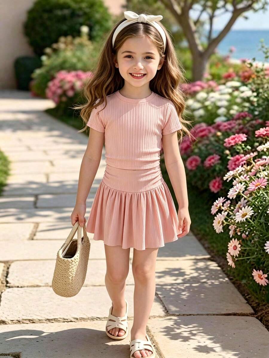 Elladie kids 2件組少女夏季新款極簡甜美風粉色親膚彈性羅紋圓領側抓褶T恤與A字百褶裙套裝,適合週末出遊、旅行度假、日常上學、海灘玩耍、慶祝活動,夏季服飾 - 粉色 - 查看 1