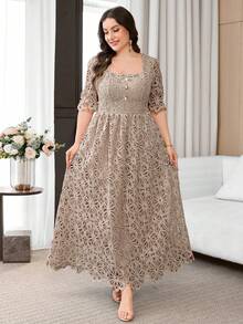 Reflora Vestido de Talla Grande unicolor con Manga Abullonada y Botones de Perla - Caqui - Ver 7