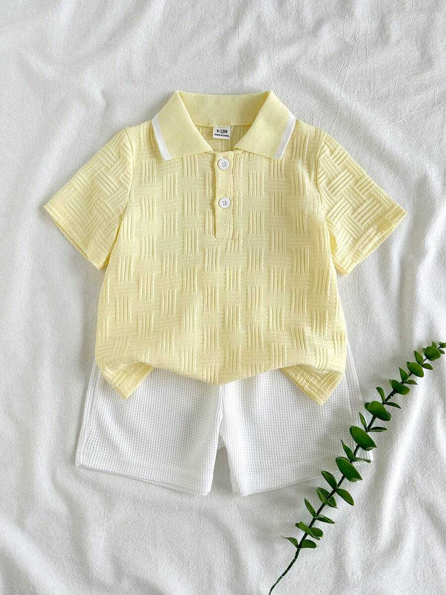 SHEIN Vintaside Kids 男嬰夏季領口短袖簡約休閒套裝,搭配百搭時尚白色短褲,適合日常休閒、公園散步或旅行度假 - 黃色 - 查看 1