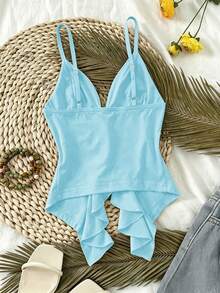 Selianne French Gentle Style Front Tie Ruffle Strap Slim Fit Flattering Camisole Tank Top - Baby Blue - View 2