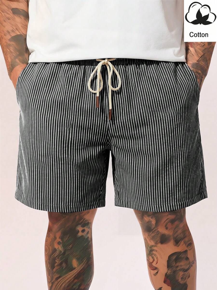 Manfinity RebelGame Plus Size Men's Waist Tie Pocket Striped Fashion Shorts Tropicoqueta