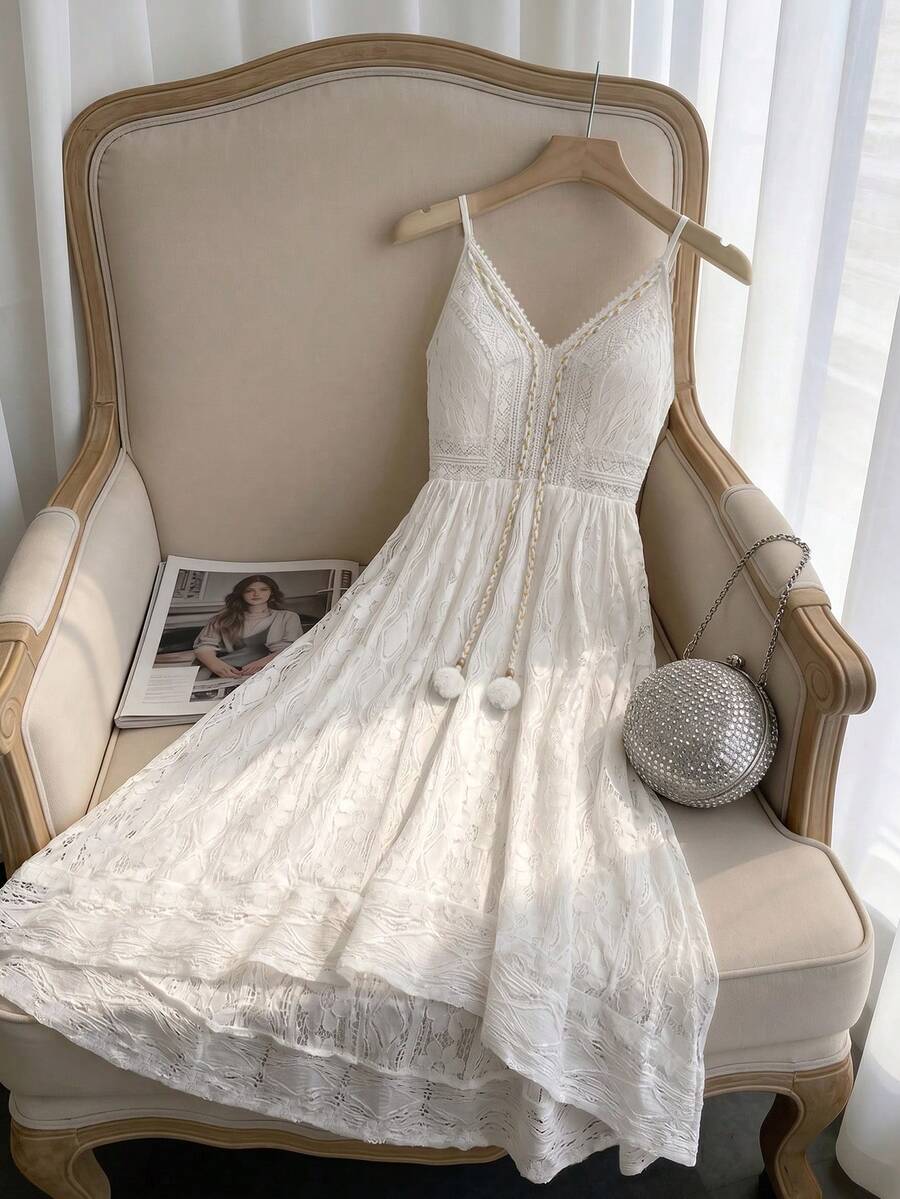GlowEve Women's Solid Color Fringe Decor Elegant Spaghetti Strap Dress - White - View 1