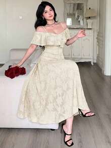 DAZY 春夏小眾法式風荷葉邊露肩優雅女款長版婚紗禮服 - 象牙白色 - 查看 5