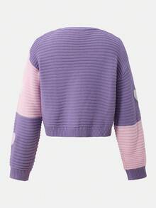 SHEIN 1件女款開襟毛衣，時尚休閒百搭V領對比色愛心提花圖案，短版，清新風格，適中厚度，整齊下擺，緊口袖口，柔軟親膚，適合日常穿著、外出、上學、購物，秋冬季 - 彩色 - 查看 2