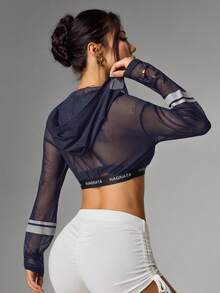 Easithlete Easithlete 女款字母印花短版拉鍊透視網紗連帽運動衛衣 - 藏蓝色 - 查看 2