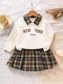 Elladie kids 女嬰女孩童裝 學院風 Old Money 可愛 Y2K 格紋字母華夫格長袖 Polo 上衣＋裙子 2 件套 秋季套裝 米白色/棕色 - 卡其色 - 查看 2