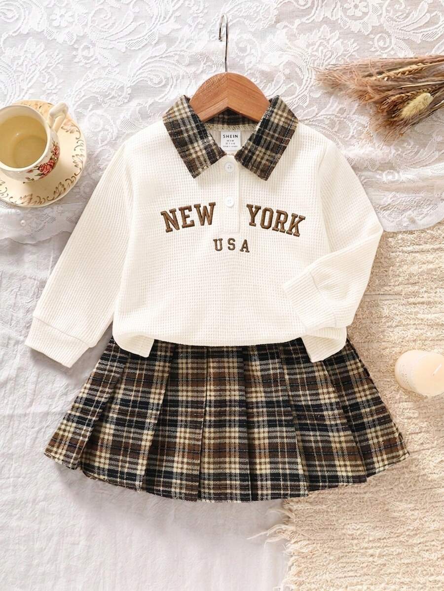 Elladie kids 女嬰女孩童裝 學院風 Old Money 可愛 Y2K 格紋字母華夫格長袖 Polo 上衣＋裙子 2 件套 秋季套裝 米白色/棕色