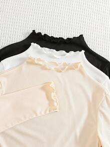 Tween Girl Tween Girl 3pcs Casual All-Match Solid Color Ribbed Lettuce Trim Mock Neck Tee - Multicolor - View 2