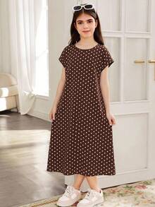 SHEIN Tween女孩寬鬆棕色波點印花落肩短袖休閒長洋裝 - 棕色 - View 9