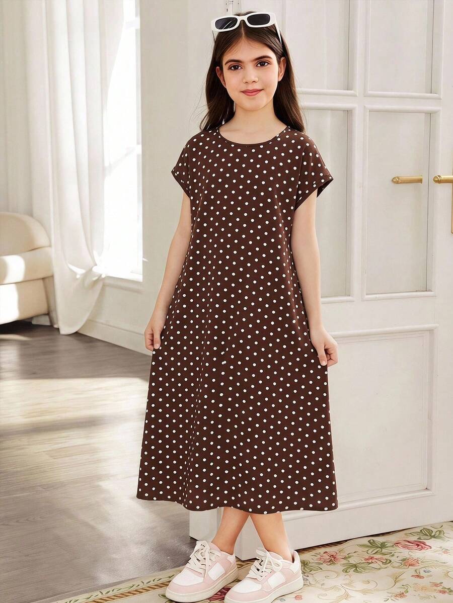 SHEIN Tween Girl Tween Girls Loose Brown Polka Dot Print Drop Shoulder Short Sleeve Casual Long Dress - Brown - View 1