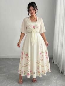 Franclia Plus Size Women's Fashion Pink Floral Chiffon Dress & Jacket 2-Piece Set,Elegant Summer Holiday Outfit,Tea Party Wedding Guest Spring Long Dress Fall - Light Yellow - View 8