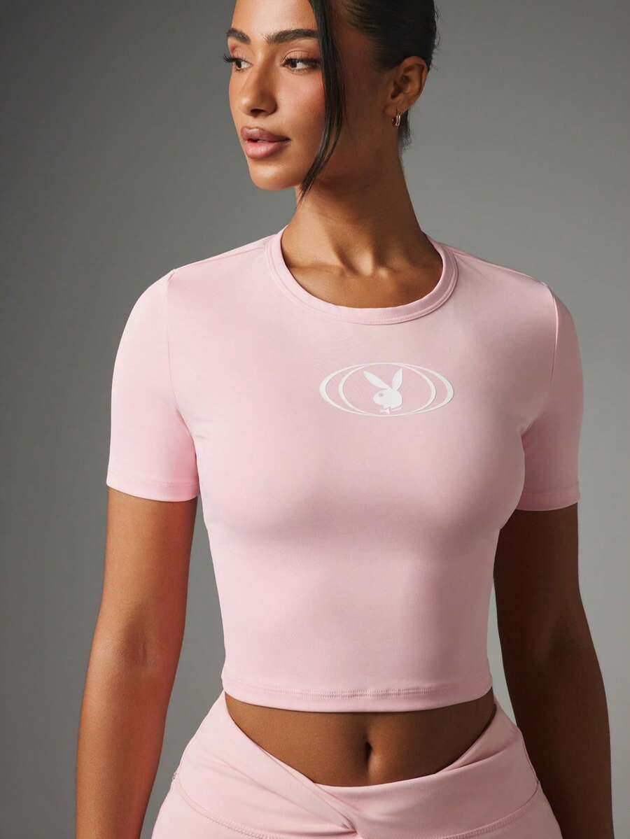 Missguided x Playboy Bunny Logo Crop Top With Open Back Detail And Crew Neck Short Sleeve Fitted Style - Pink - View 1