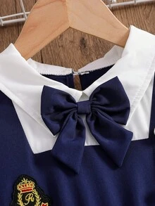 Elladie kids 女童學院風花童公主假兩件式洋裝 白色長袖上衣搭配海軍藍百褶吊帶裙 開學季秋季婚禮穿搭 - 藏蓝色 - 查看 6