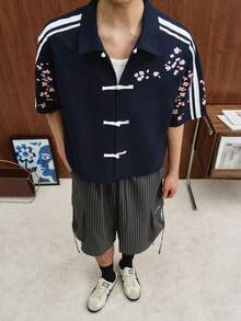 TOKVUE 男士日中風運動短袖襯衫，寬鬆短版剪裁，日式櫻花中式盤扣運動條紋，東方魅力，街頭風，日常通勤，新中式風，日系學院風，中性款，節日禮物 - 藏蓝色 - 查看 6