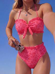 Swim Mod Conjunto de bikini con estampado floral pequeño para vacaciones casuales en la playa primavera/verano - Multicolor - Ver 3