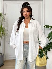 SHEIN EZwear 女款大尺碼前扣長袖休閒襯衫 - 白色 - 查看 4