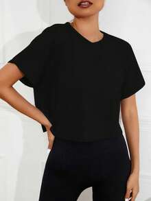 Dewbera Dewbera Solid Raglan Sleeve Crop Sports Tee Gym Top Fitted Shirtworkout Tank Top - Black - View 2