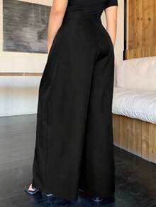 Dazy Petite Curve 純色超寬鬆寬腿雙扣褶皺長款休閒長褲，四季皆宜，大尺碼，女款，小個子，長版 - 黑色 - 查看 2