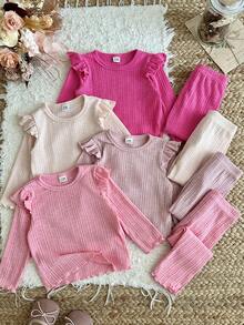 SHEIN Vintaside Kids 女嬰 0-3 歲 8 件組 春秋可愛休閒簡約外出套裝 4 件上衣與 4 件長褲 - 彩色 - 查看 9