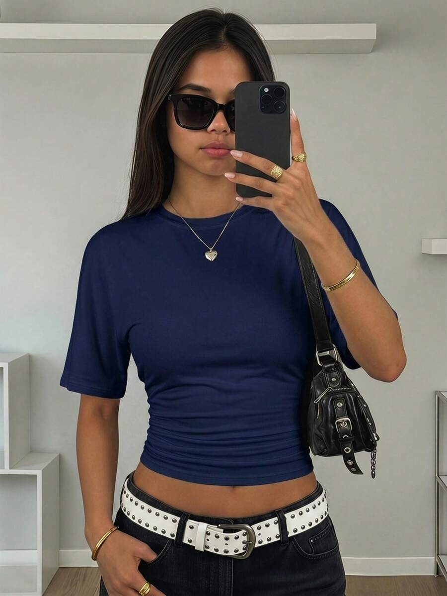 SHEIN 少女/青少年藏蓝色收腰褶皱圆领短袖露脐休闲T恤 - 藏蓝色 - 查看 1