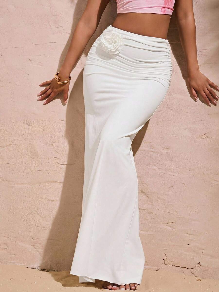 Opulessa Casual Vacation Solid Color Knit Women's Skirt - White - View 1
